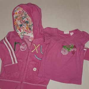 ROXY Pink Jacket t-shirt stripes floral embroidery zippers hoodie hoody 2 Piece